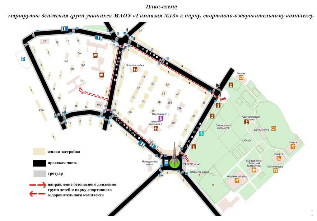 план-схема маршрута движения уч-ся гимназии к парку, стадиону
